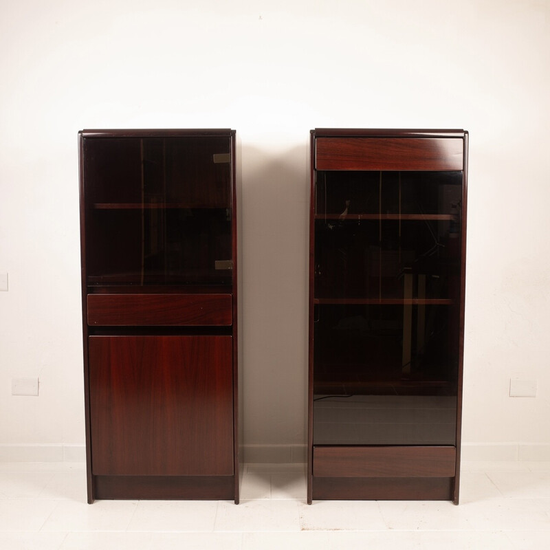 Pair of vintage "Daniel" cabinets in rosewood and smoked glass by Paolo Piva for Fama d'Adria, 1970