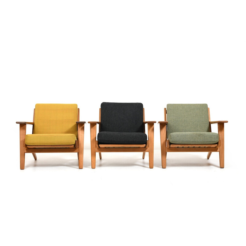 Set of 3 vintage GE-290 armchairs in solid oak and fabric by Hans Wegner for Getama, Denmark 1950