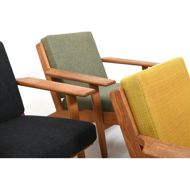 Set of 3 vintage GE-290 armchairs in solid oak and fabric by Hans Wegner for Getama, Denmark 1950