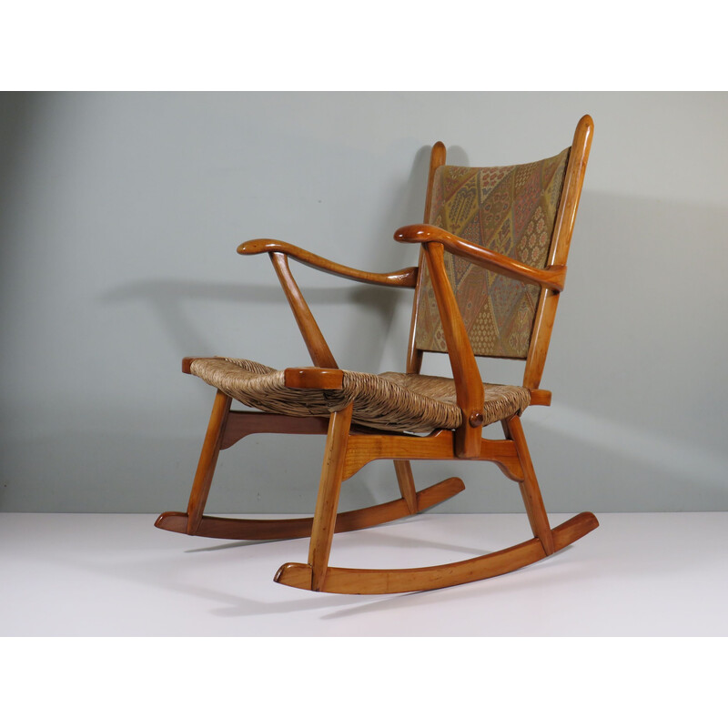 Vintage rocking chair in varnished wood and fabric by De Ster Gelderland, Netherlands 1960