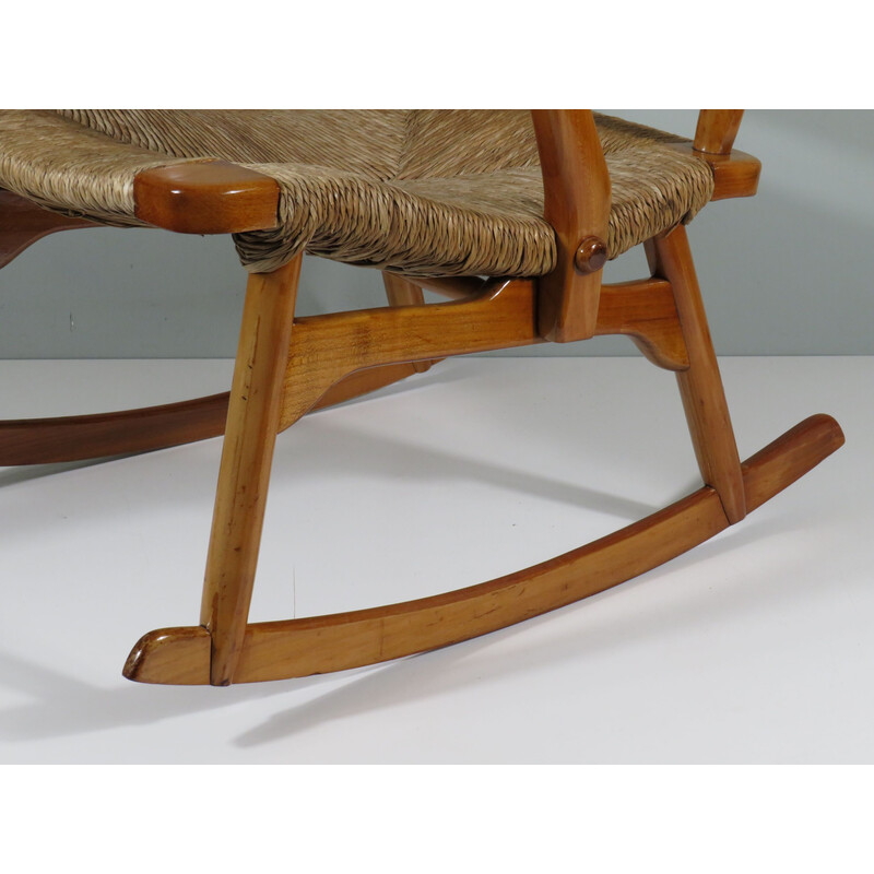 Cadeira de baloiço vintage em madeira envernizada e tecido da De Ster Gelderland, Holanda 1960