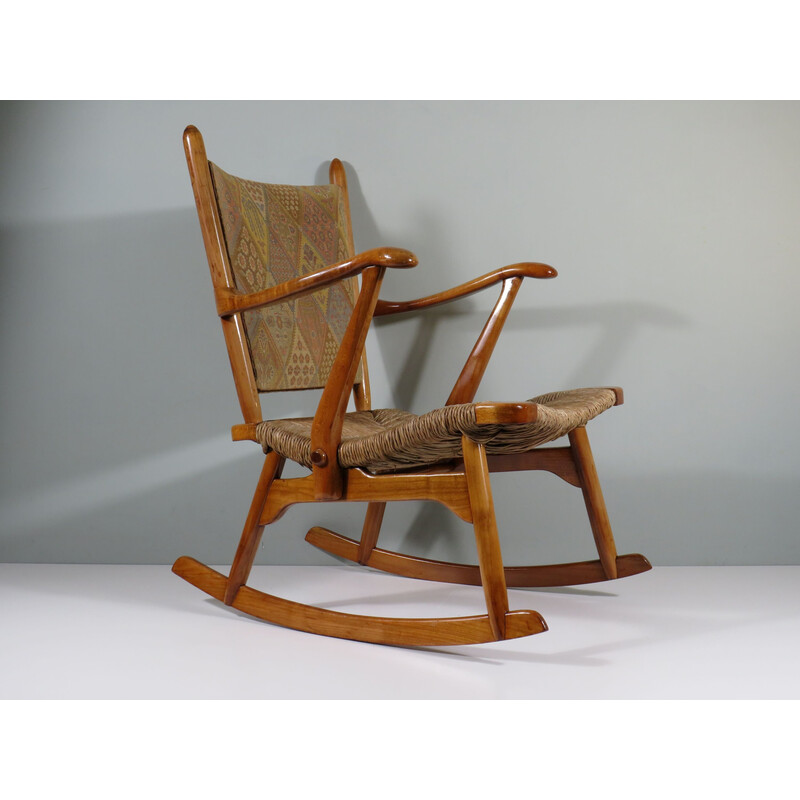 Rocking chair vintage en bois vernis et tissu par De Ster Gelderland, Pays-Bas 1960