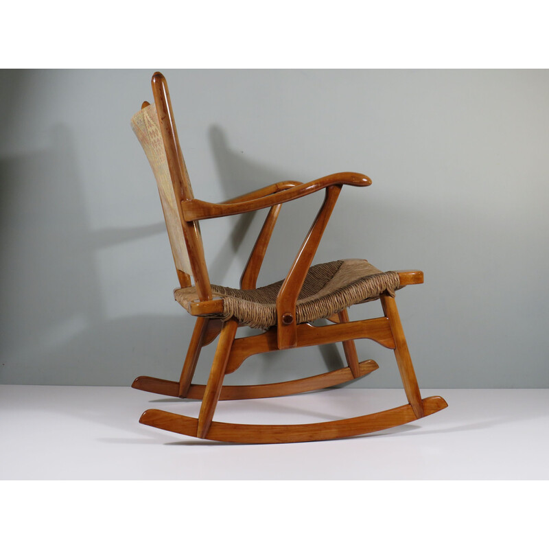 Vintage rocking chair in varnished wood and fabric by De Ster Gelderland, Netherlands 1960