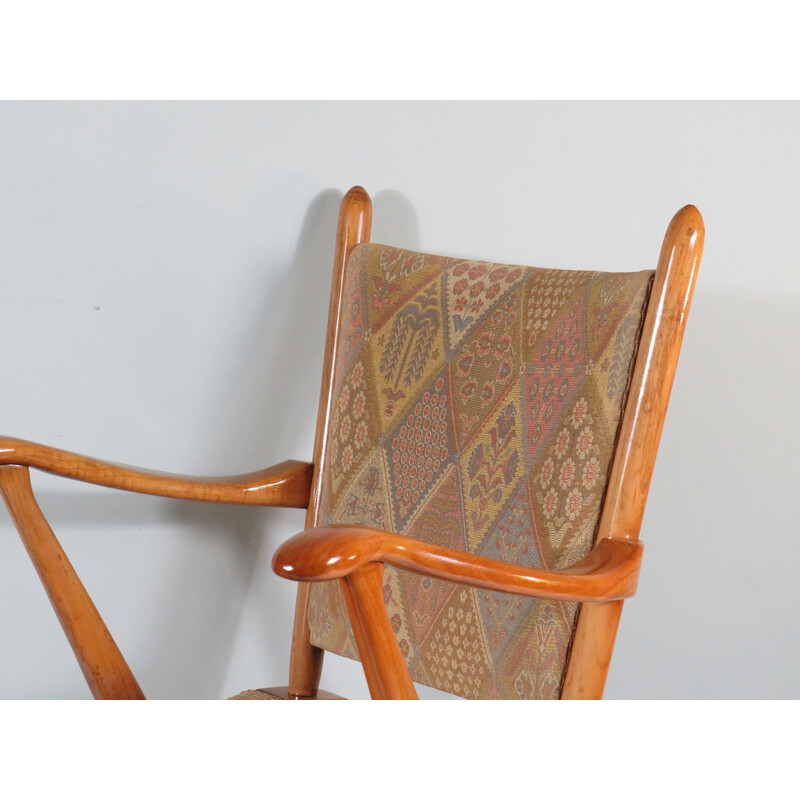 Vintage rocking chair in varnished wood and fabric by De Ster Gelderland, Netherlands 1960