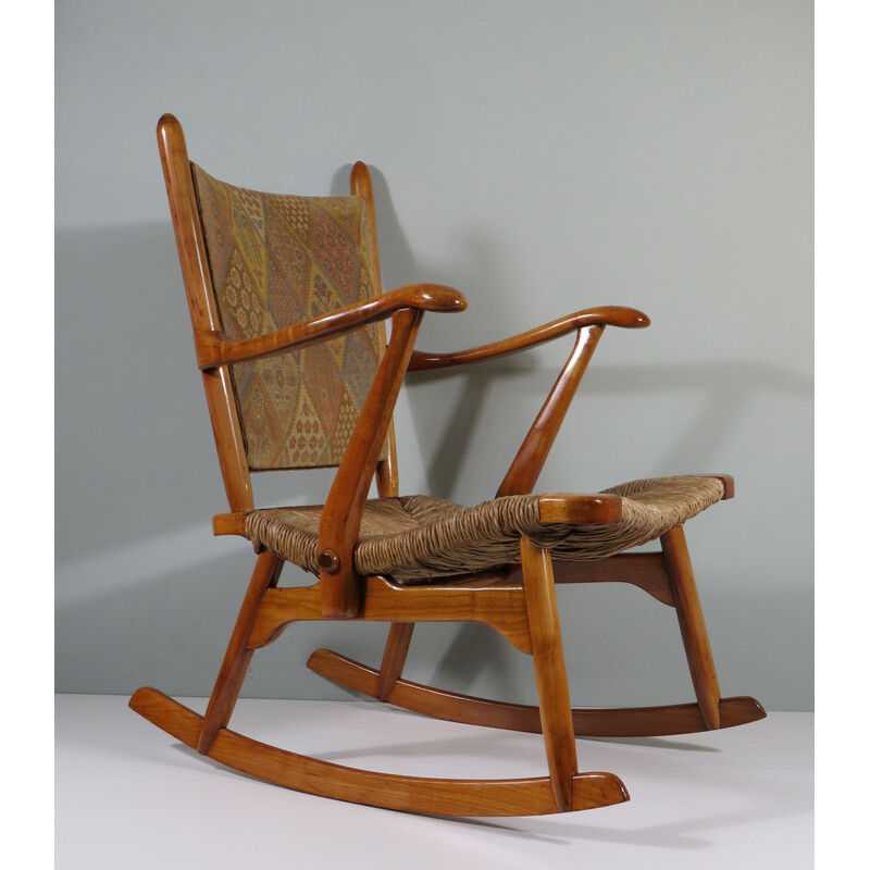 Vintage rocking chair in varnished wood and fabric by De Ster Gelderland, Netherlands 1960