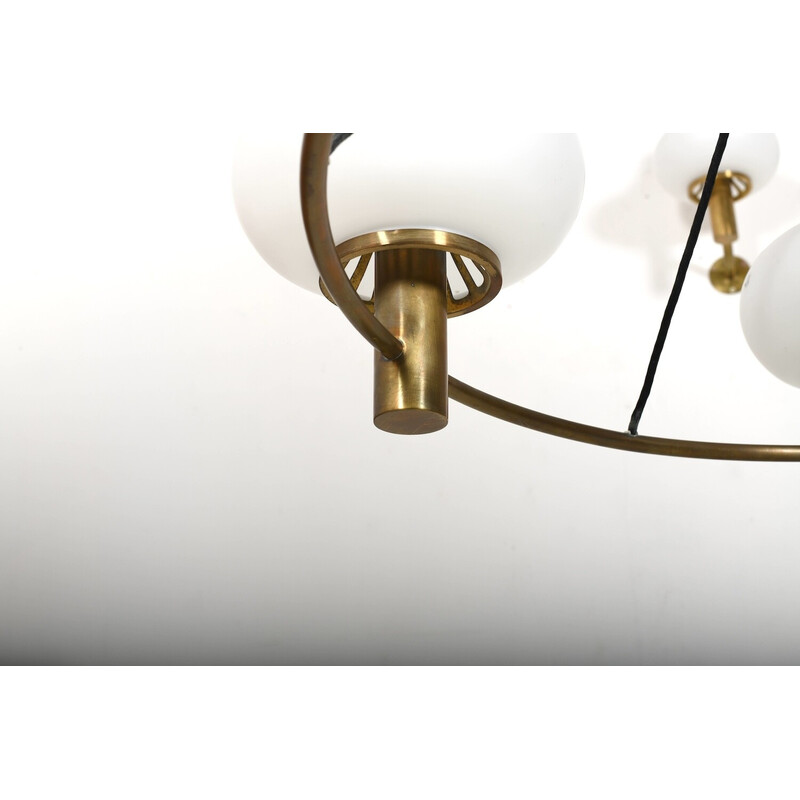 Vintage brass and opaline glass chandelier by Mogens Hammer and Henning Moldenhawer for Louis Poulsen, Denmark 1950