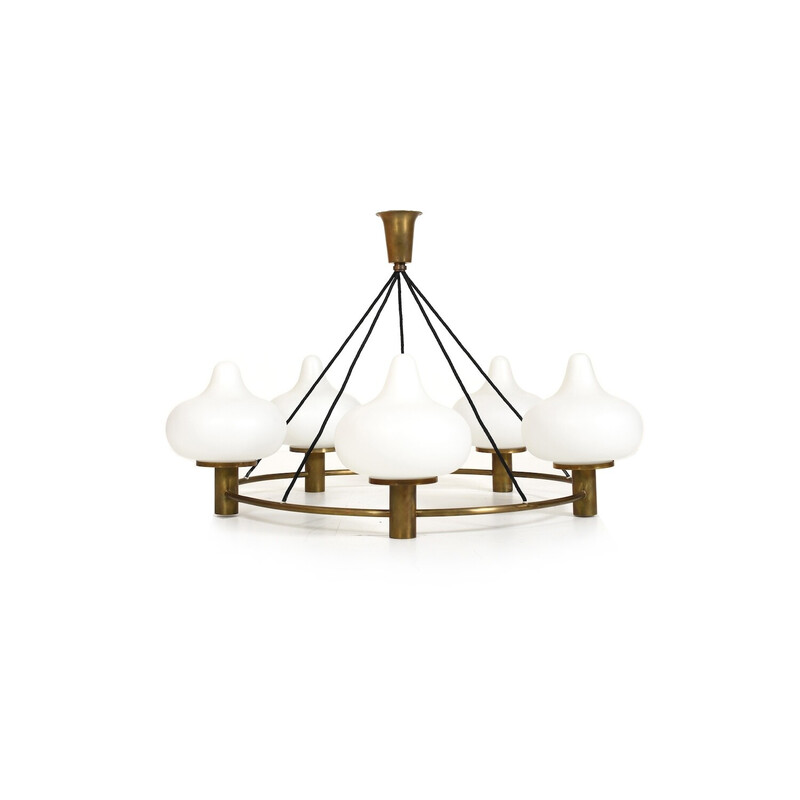 Vintage brass and opaline glass chandelier by Mogens Hammer and Henning Moldenhawer for Louis Poulsen, Denmark 1950