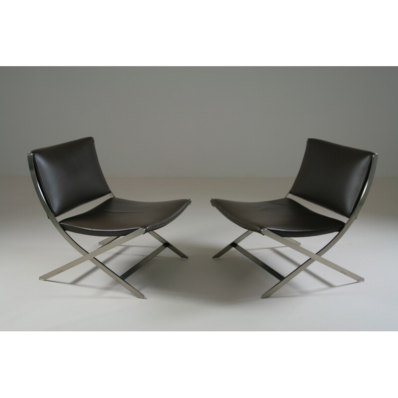 Pair of vintage Flexform armchairs in chrome-plated metal and leather by Antonio Citterio