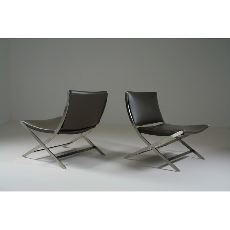 Pair of vintage Flexform armchairs in chrome-plated metal and leather by Antonio Citterio