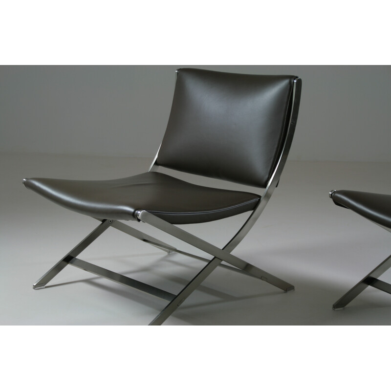 Pair of vintage Flexform armchairs in chrome-plated metal and leather by Antonio Citterio