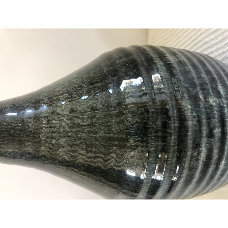 Vase vintage Accolay en céramique à décor moucheté gris noir vert dégradé