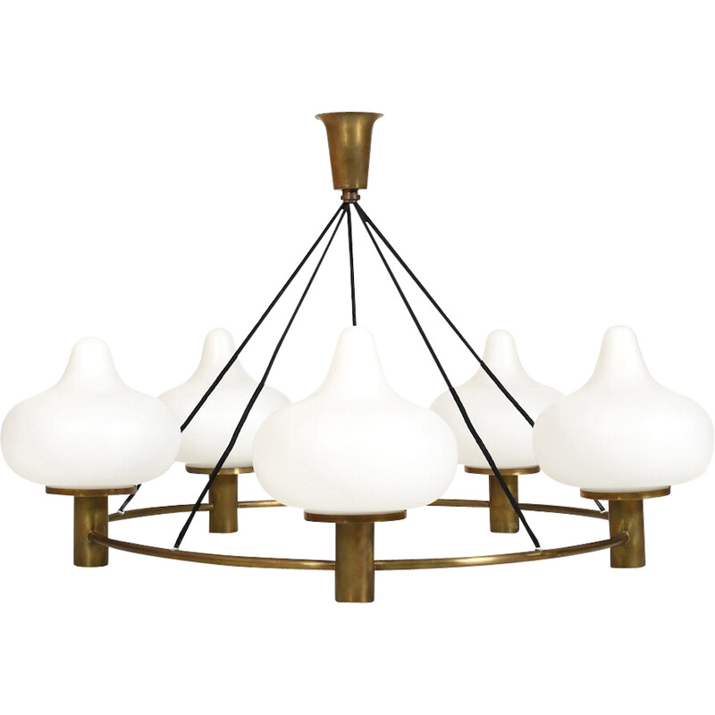 Vintage brass and opaline glass chandelier by Mogens Hammer and Henning Moldenhawer for Louis Poulsen, Denmark 1950