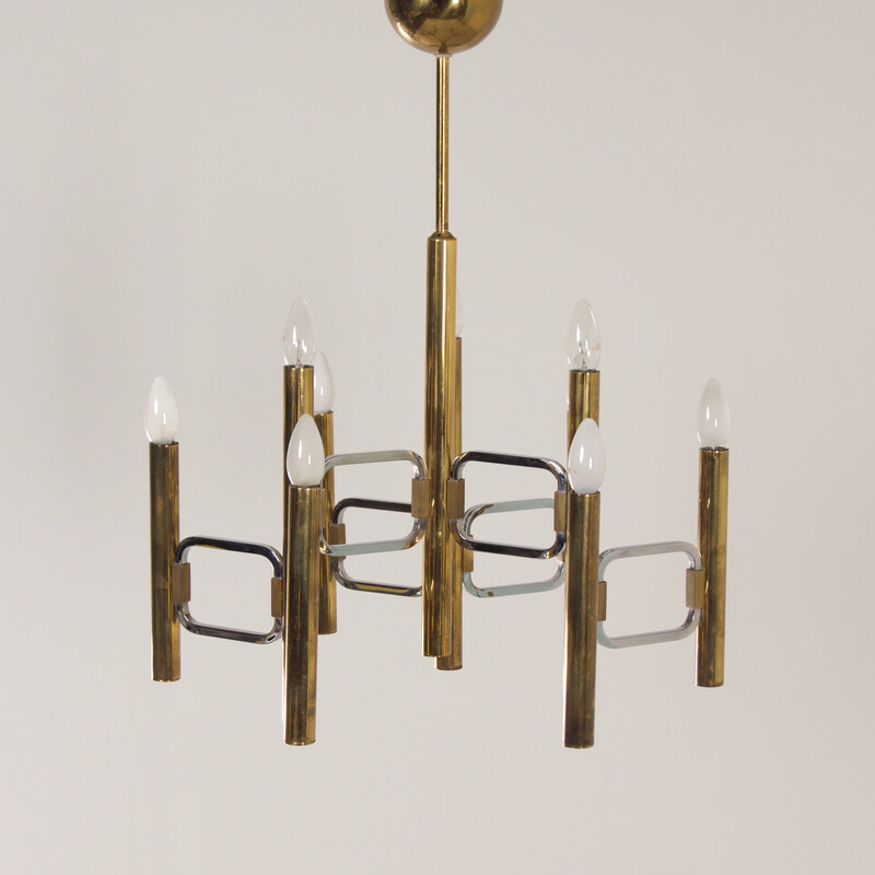 Vintage "Modulo Series" chandelier in brass by Profili Industria Lampadari, Italy 1970