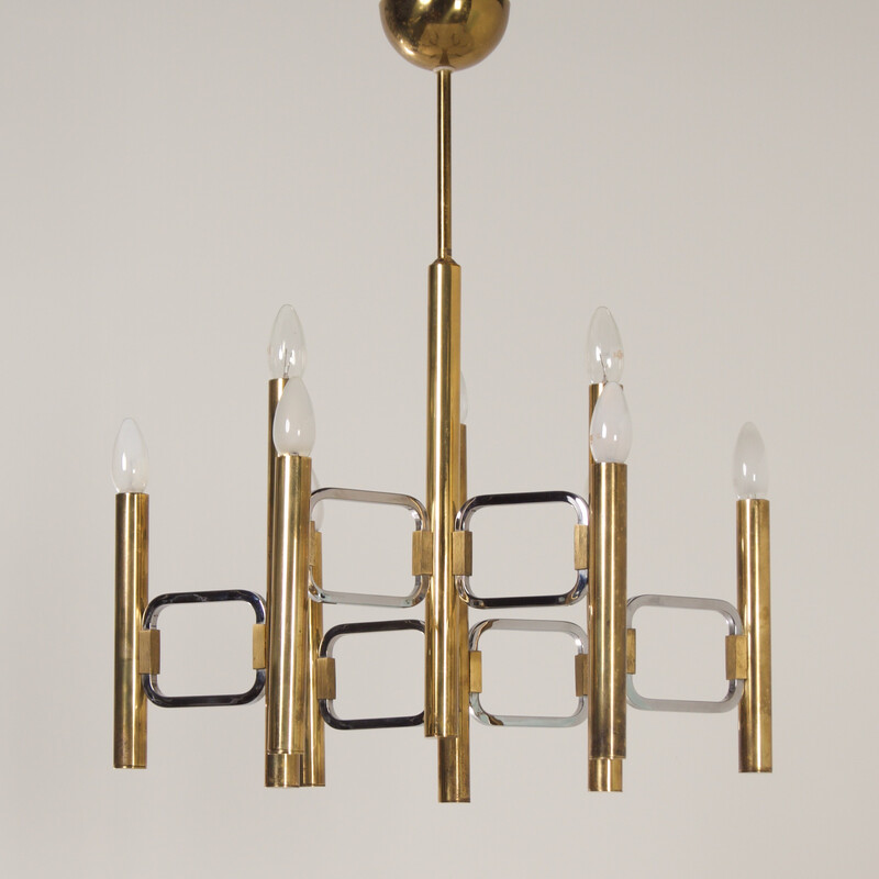 Vintage "Modulo Series" chandelier in brass by Profili Industria Lampadari, Italy 1970