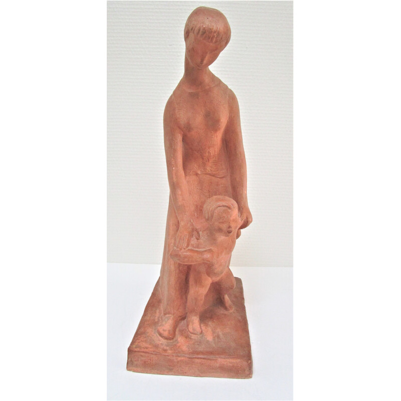 Plâtre vintage "femme et enfant" à patine terracotta, 1960