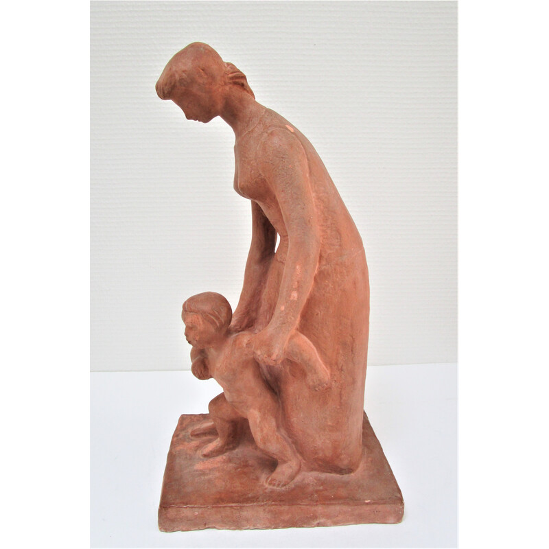 Plâtre vintage "femme et enfant" à patine terracotta, 1960