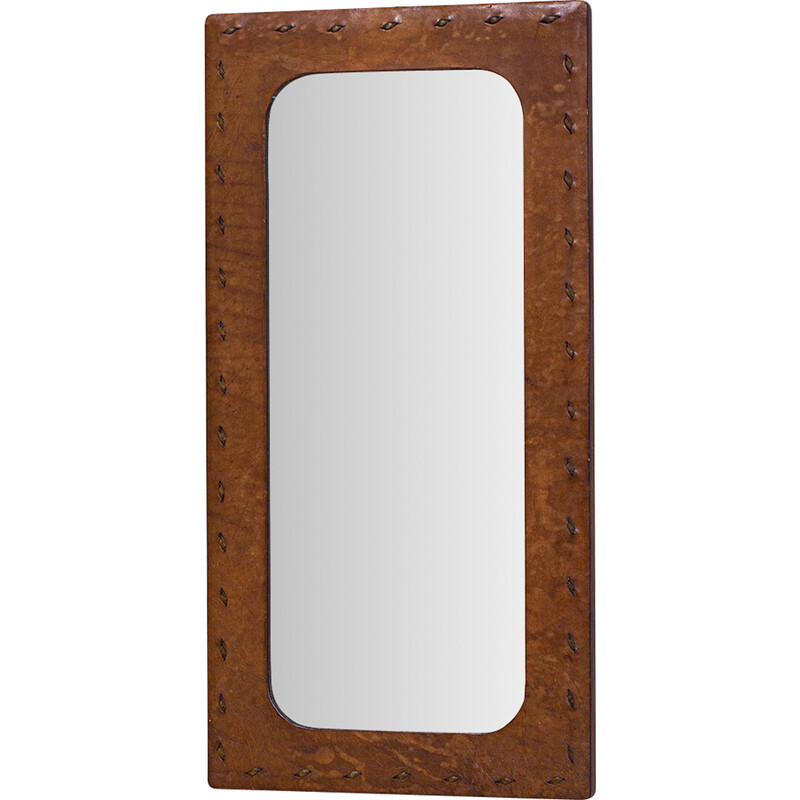 Vintage leather-covered wall mirror, France 1950