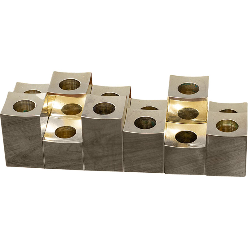 Set of 12 vintage cubic solid brass candlestick for Gusum Metallslöjden, Sweden 1980