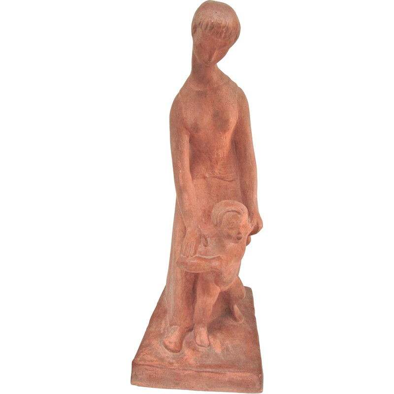 Plâtre vintage "femme et enfant" à patine terracotta, 1960