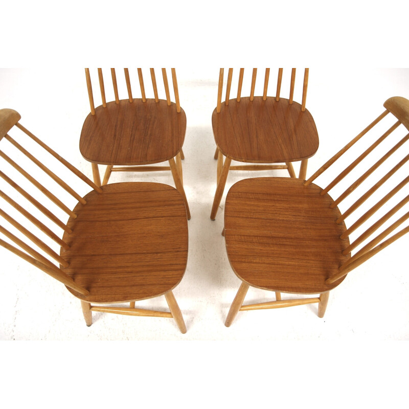 Set of 4 vintage "Pinnstolar" teak and beech chairs for Nesto, Sweden 1960