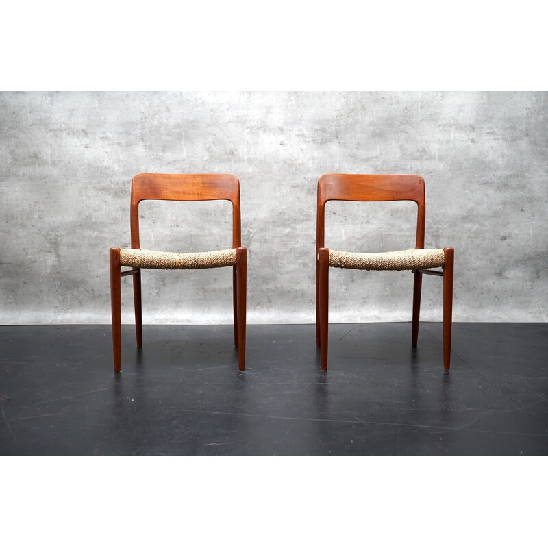 Pair of vintage model 75 teak chairs by Niels Møller for Jl Mollers, 1950
