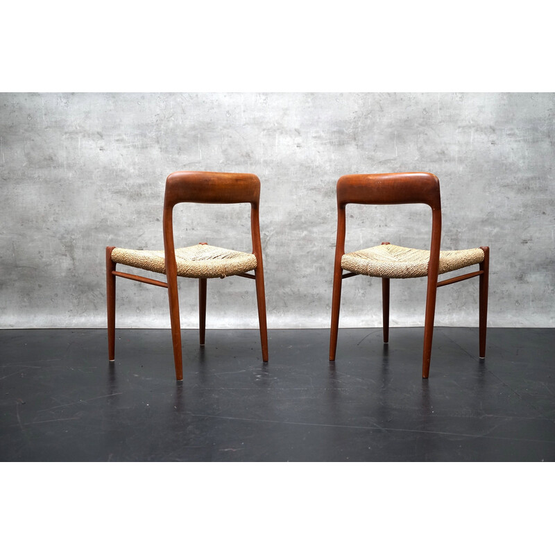 Pair of vintage model 75 teak chairs by Niels Møller for Jl Mollers, 1950