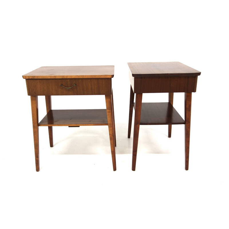 Pair of vintage mahogany and beech bedside tables, Sweden 1950