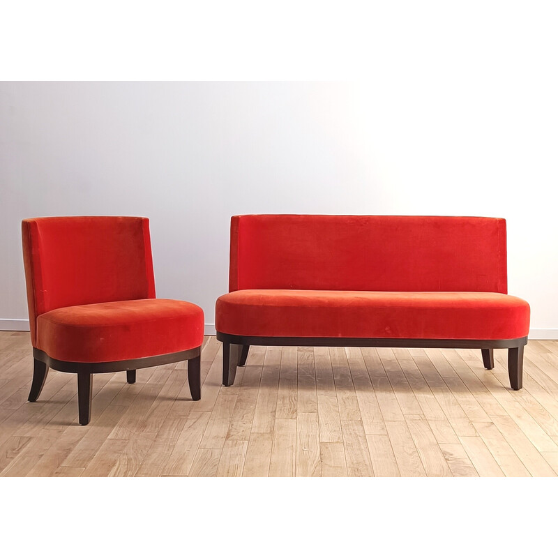 Seigfried vintage living room set in dark stained wood and orange velvet by Philippe Hurel