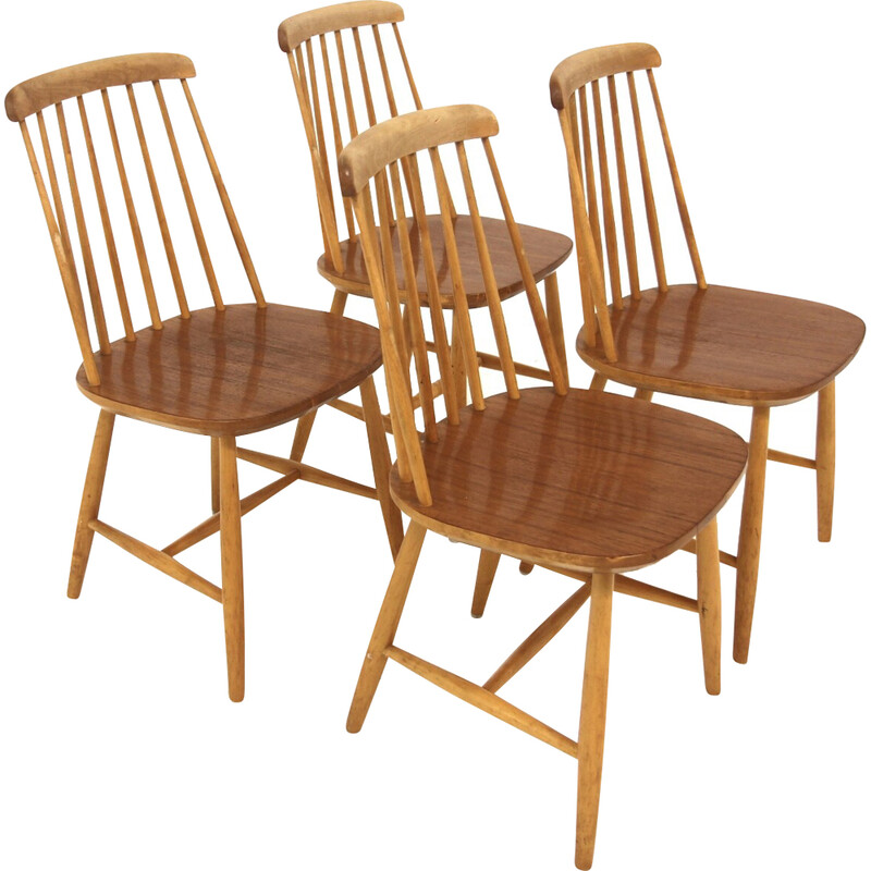 Lot de 4 chaises vintage "Pinnstolar" en teck et hêtre pour Nesto, Suède 1960