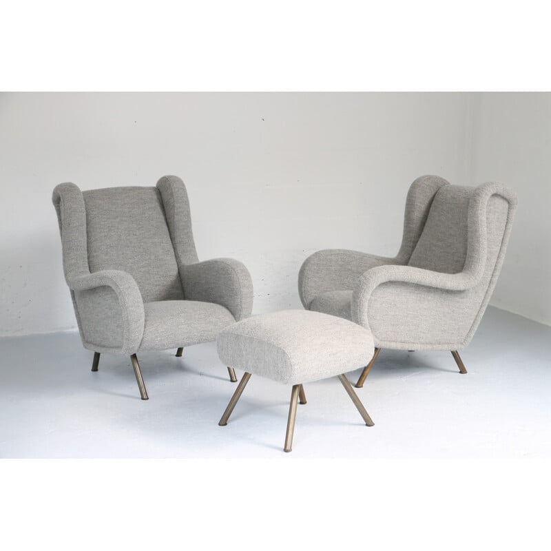 Pair of Italian armchairs with ottoman - 1960s