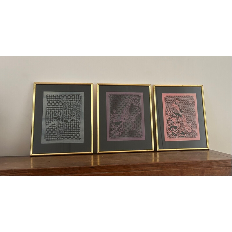 Set of 3 vintage “cut paper birds” paintings, 1970