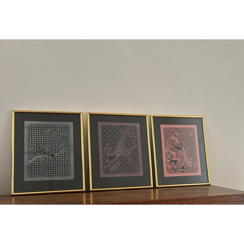 Set di 3 dipinti vintage di "uccelli ritagliati nella carta", 1970
