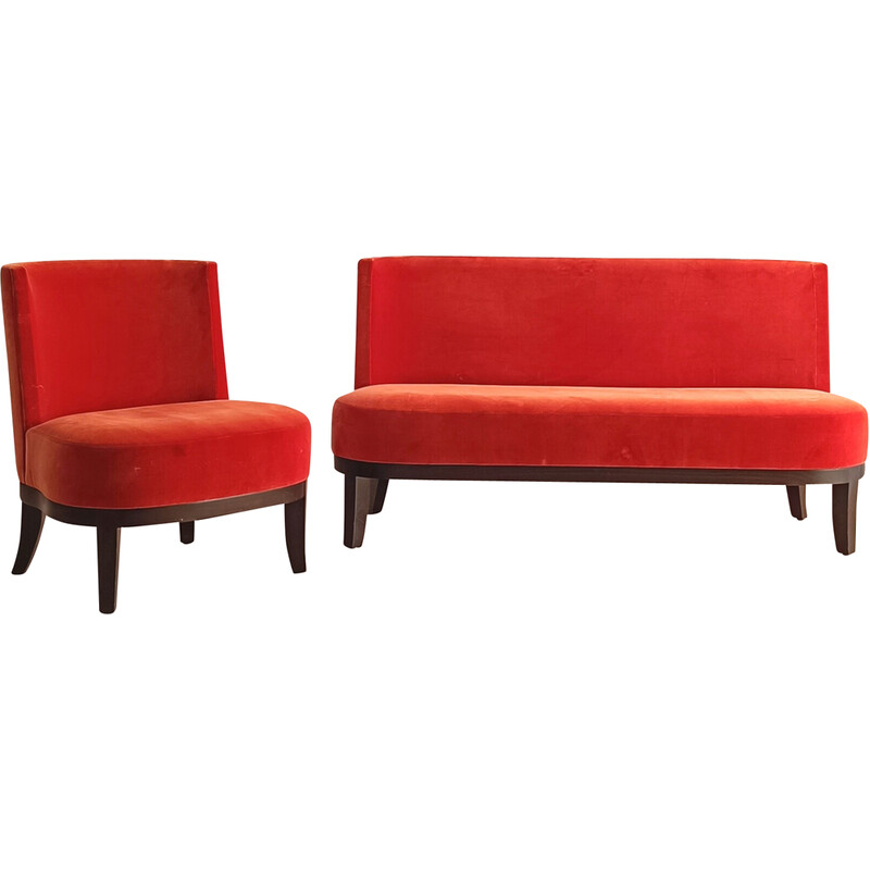 Seigfried vintage living room set in dark stained wood and orange velvet by Philippe Hurel