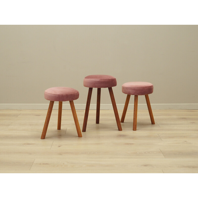 Set of 3 vintage poufs in wood and pink fabric, Denmark 1960