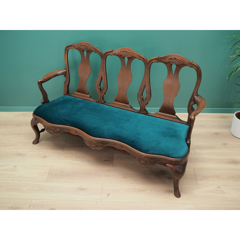 Vintage walnut wood and velvet seat set, 1970