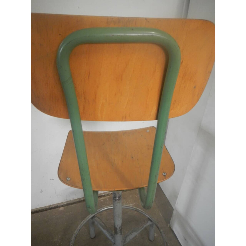 Vintage stool in beech wood and green metal, 1950