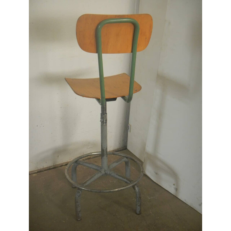 Vintage stool in beech wood and green metal, 1950