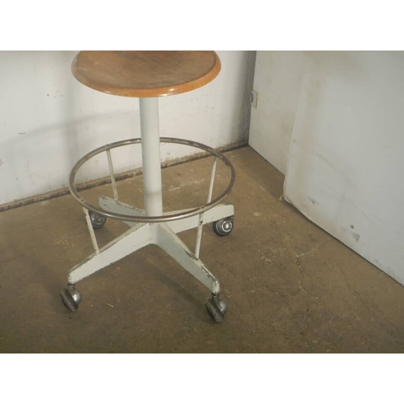 Vintage stool in beech wood and beige metal, 1950