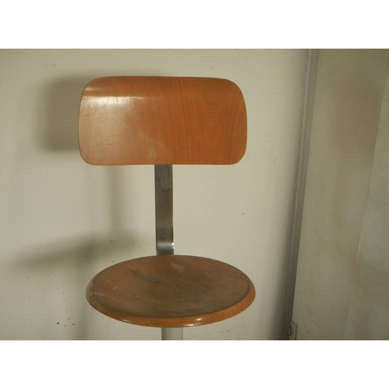 Vintage stool in beech wood and beige metal, 1950