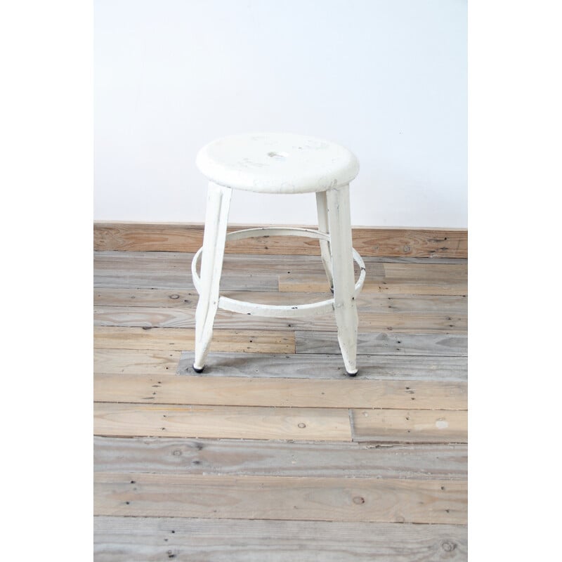 Tabouret vintage industriel blanc, édition Nicolle - 1930