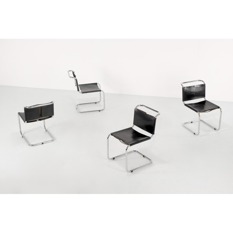 Set of 4 vintage "B33" chairs in chromed aluminum and black leather by Marcel Breuer for Gavina, Italy 1960