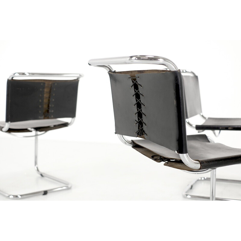 Set of 4 vintage "B33" chairs in chromed aluminum and black leather by Marcel Breuer for Gavina, Italy 1960