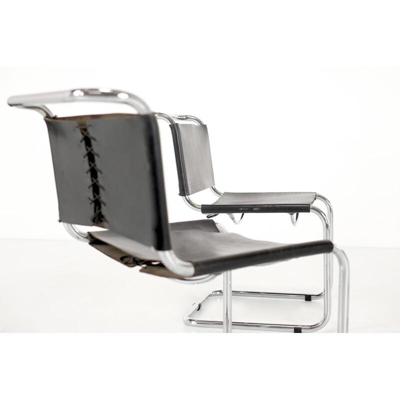 Set of 4 vintage "B33" chairs in chromed aluminum and black leather by Marcel Breuer for Gavina, Italy 1960