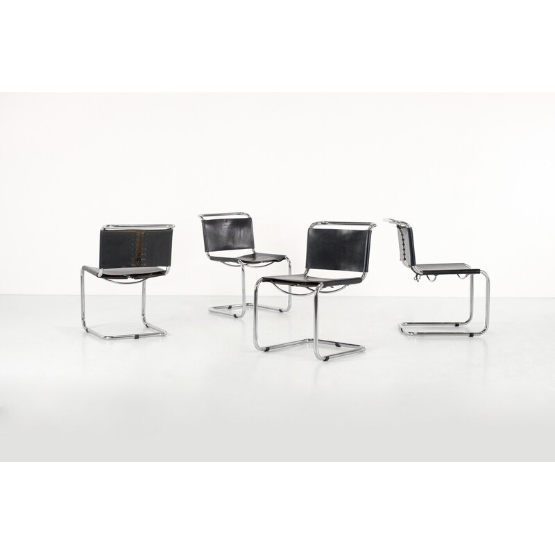 Ensemble de 4 chaises vintage "B33" en aluminium chromé et cuir noir par Marcel Breuer pour Gavina, Italie 1960