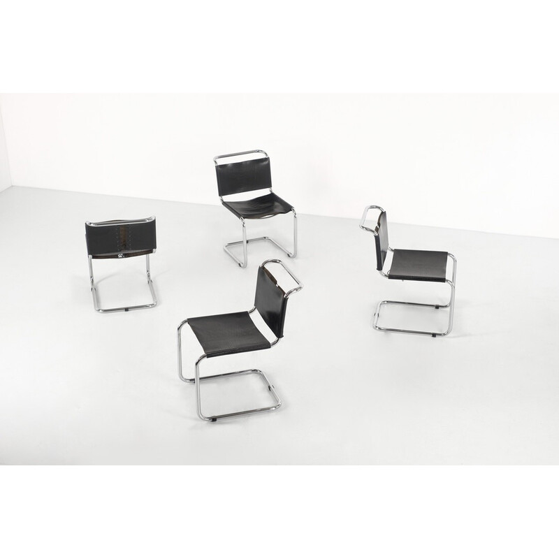 Ensemble de 4 chaises vintage "B33" en aluminium chromé et cuir noir par Marcel Breuer pour Gavina, Italie 1960