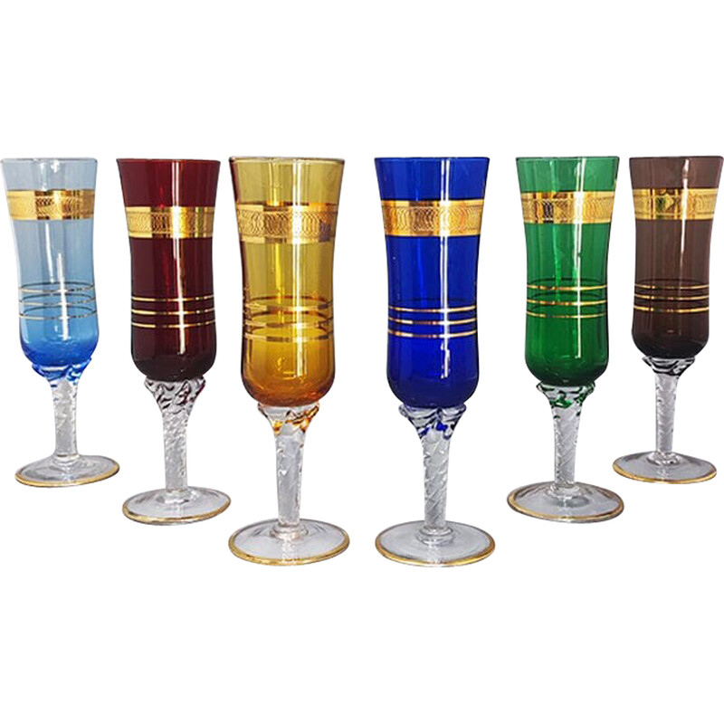 Set of 6 vintage Murano glass glasses, Italy 1960