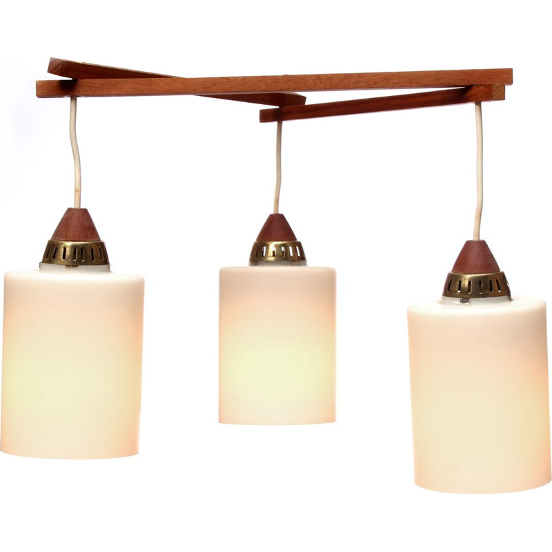 3 armed hanging light in teak opaline - 1960s