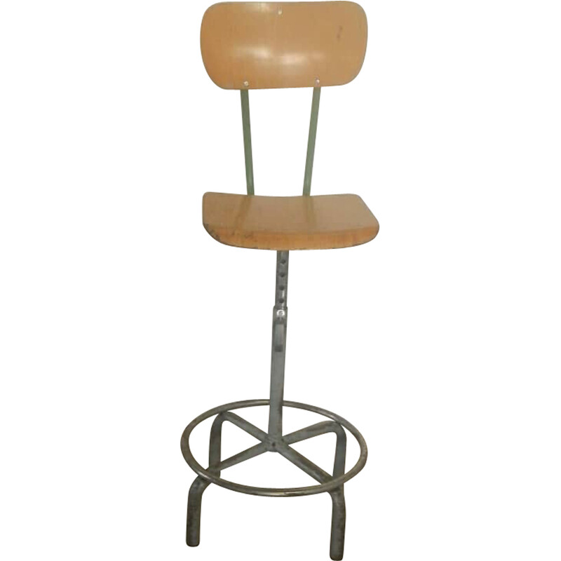 Vintage stool in beech wood and green metal, 1950