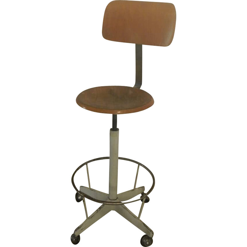 Vintage stool in beech wood and beige metal, 1950