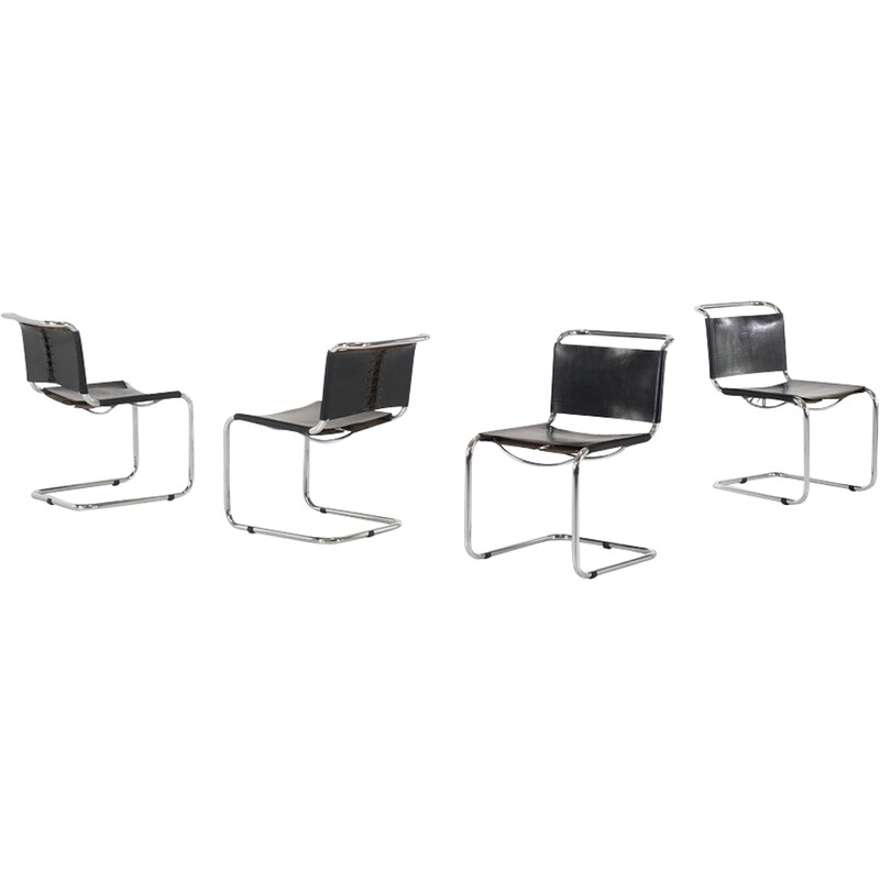 Set of 4 vintage "B33" chairs in chromed aluminum and black leather by Marcel Breuer for Gavina, Italy 1960